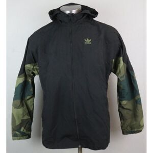 Mens adidas Jacket Full Zip Black Green Camo Hooded Size M Mid-Weight‎ Nylon